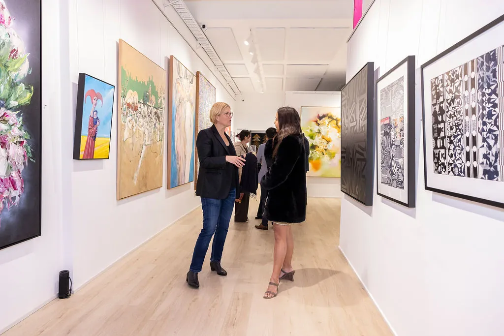 The main room at Mahoneys Galleries, hung wall to wall with contemporary paintings